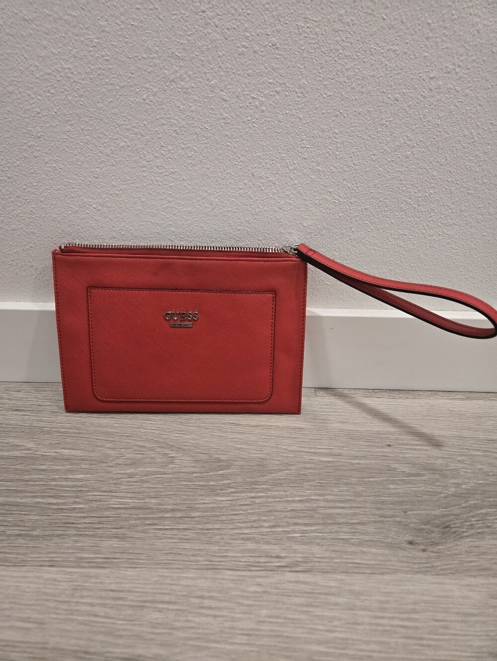 GUESS Red Leather-Look Wristlet Clutch with Front Pocket